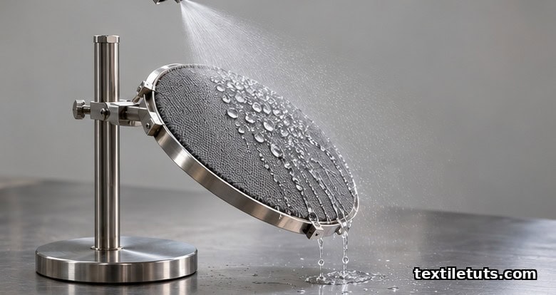 AATCC spray test apparatus spraying a fine mist of water onto a taut fabric sample mounted at a 45-degree angle on a ring stand.