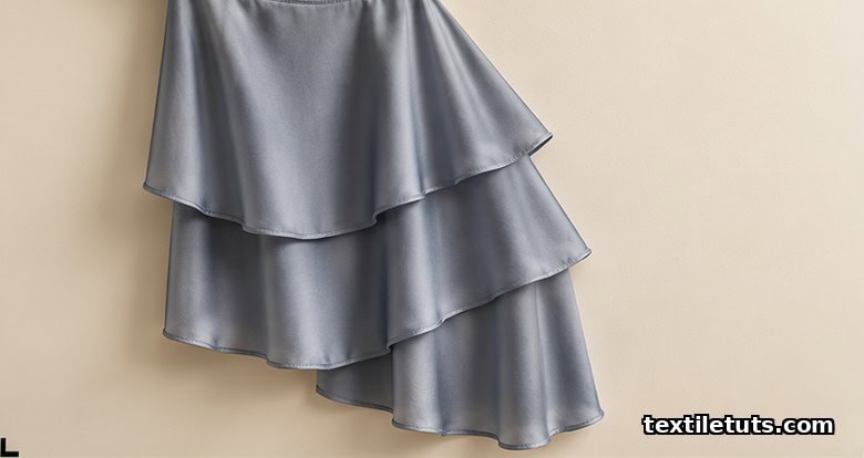 Waterfall drape tiers of graduated fabric length cascading in overlapping layers along a curved seam, resembling falling water.