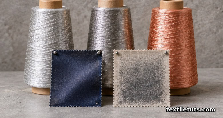 Conductive yarn cones and PEDOT-coated and CNT-coated fabric swatches arranged as textile specimens.