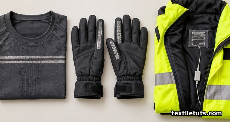 Flat-lay of a smart textile ECG compression shirt, sensor-equipped ski gloves, and a firefighter jacket panel.