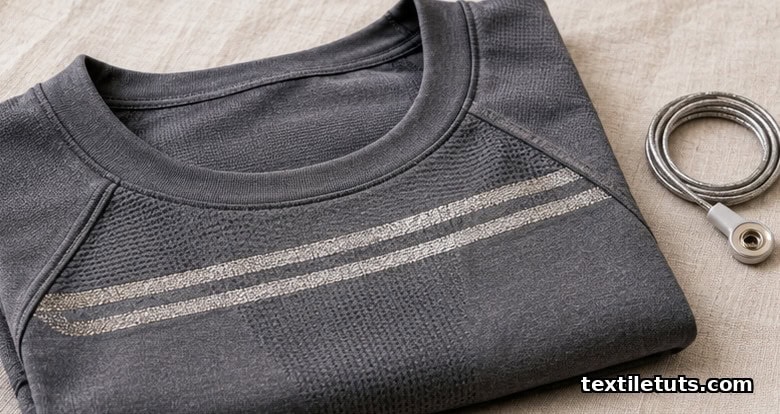 Folded charcoal compression shirt with silver-coated conductive yarn electrodes woven into the chest panel.