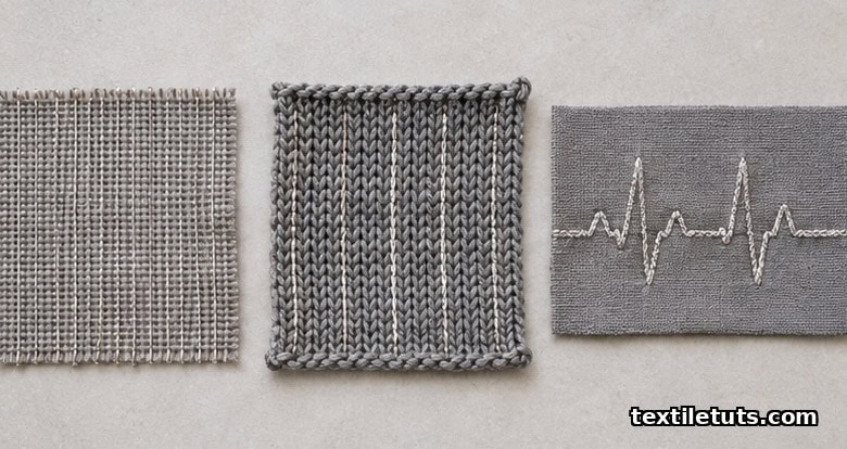 Three textile sensor samples laid flat: woven panel, knitted swatch, and embroidered silver thread pattern.