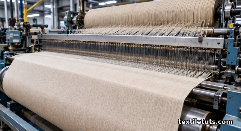 Jacquard weaving loom in operation with fine warp threads descending through the harness array into a complex figured fabric, documentary photography.