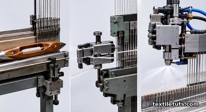 Lower section of a Jacquard loom showing the shed, reed, and woven jacquard fabric rolling onto the take-up roller.
