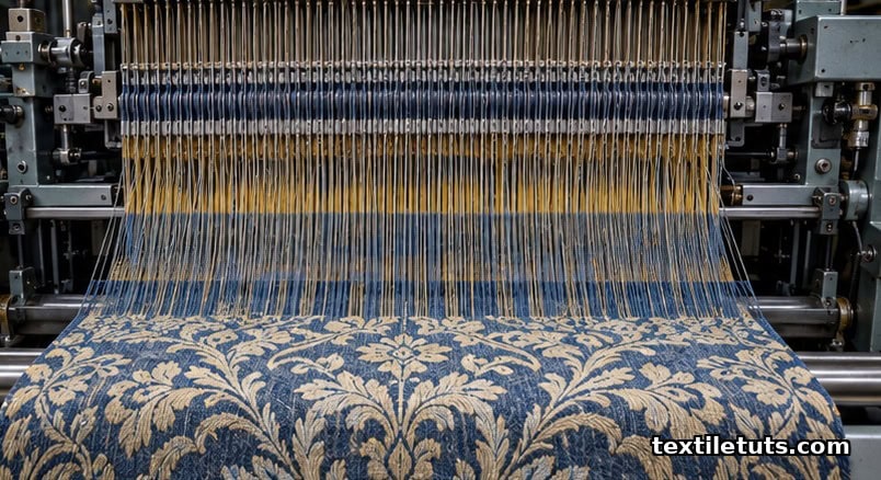Warp beam loaded with hundreds of parallel warp threads ready for weft insertion on a Jacquard loom, side view.