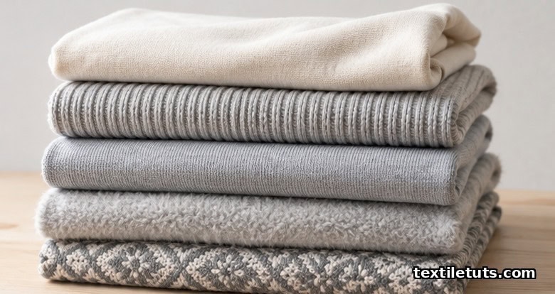 Stacked folded weft-knit samples in jersey, rib, interlock, fleece, and jacquard textures on a pale wood surface.