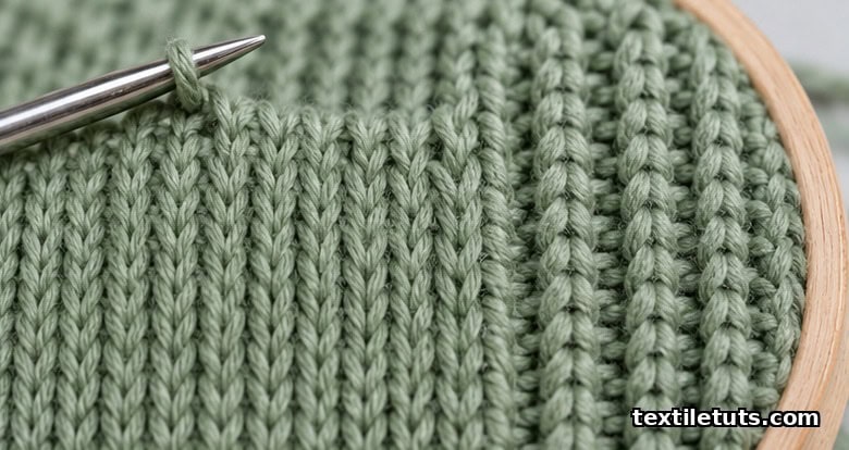 Macro close-up of sage-green weft-knit fabric showing horizontal courses of interlocking yarn loops and 1x1 rib columns under a knitting needle.