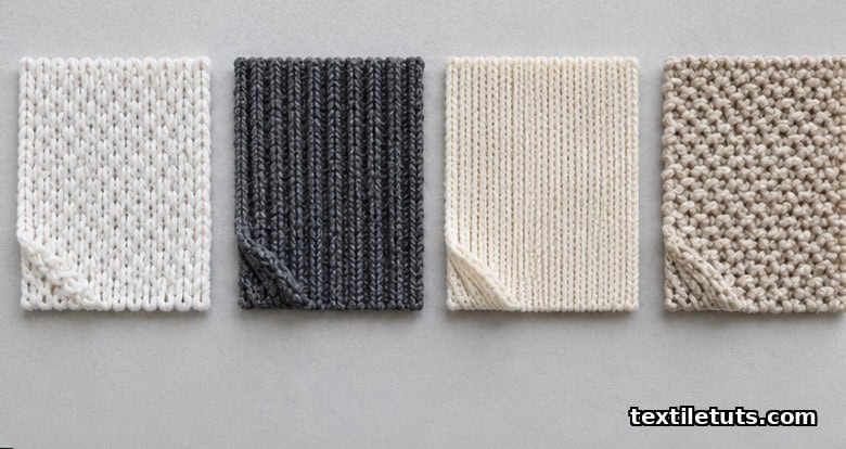 Close-up of four weft knit fabric swatches showing jersey V-shapes, rib vertical ridges, interlock smoothness, and purl bumpy texture.
