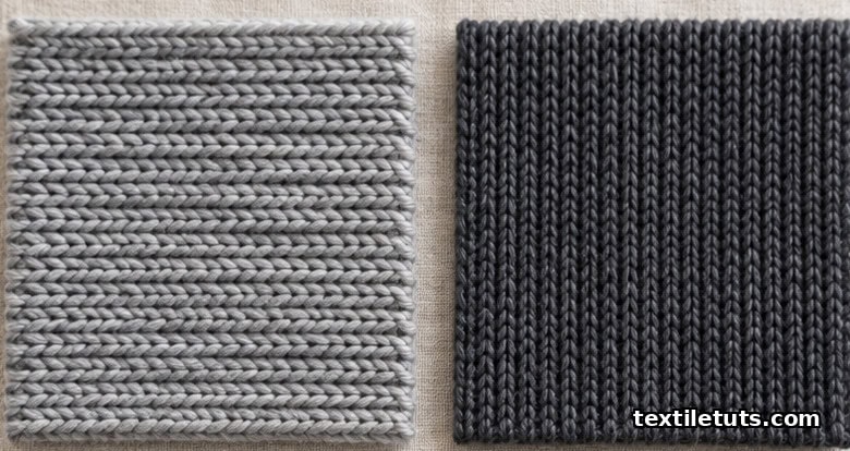 Macro side-by-side view of heather-grey weft-knit jersey and charcoal warp-knit tricot showing horizontal courses versus vertical wales.
