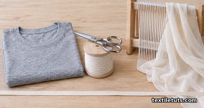 Studio still life comparing folded cotton jersey t-shirt and sheer tricot warp-knit fabric on a wooden workbench with yarn spool and creel.