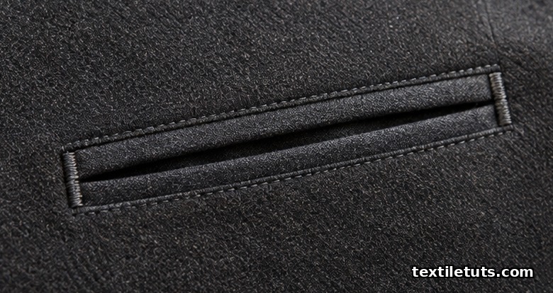 Double-welt pocket on dark wool suiting with bias-cut welt strips and bar-tacked corners framing a horizontal slit.
