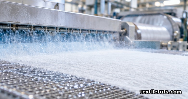 White fibrous wet-laid web forming on a Fourdrinier wire mesh during nonwoven manufacturing.