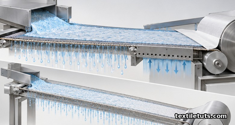 Cross-section view of a headbox metering dilute fiber slurry onto a moving wire in wet-laid production.