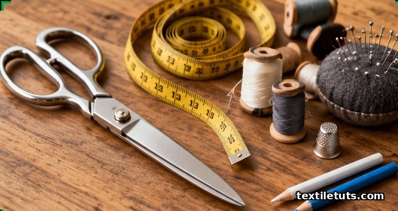 Flat-lay arrangement of tailoring tools: silver shears, measuring tape, thread spools, pins, and chalk on a wooden workbench