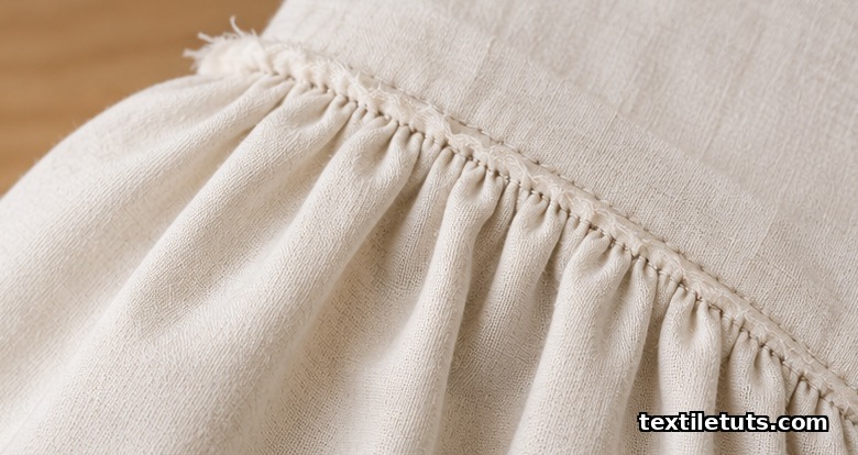 Macro shot of a sleeve cap eased into a yoke seam with smooth even gather folds compressed at a 2:1 ratio along the seam allowance.