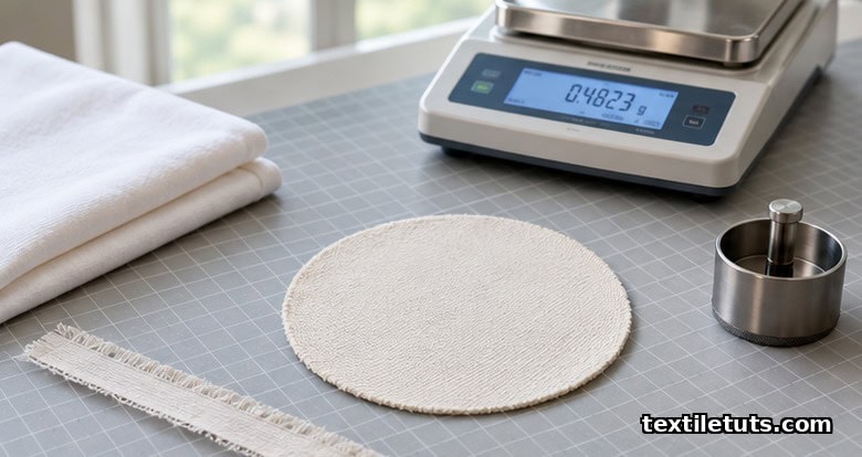 Circular fabric specimen on a cutting mat beside a digital balance, illustrating grams per square meter measurement of fabric weight.