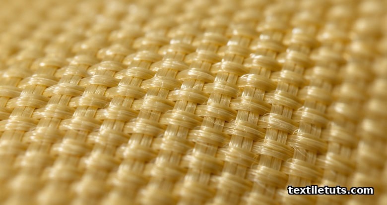Macro close-up of tightly woven golden Kevlar textile showing fine warp and weft yarns with a slight lustrous sheen in soft amber tones.