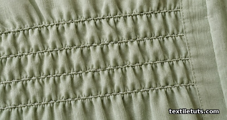Close-up of a sage green shirred cotton lawn panel with five parallel elastic rows forming an even honeycomb puckered texture.