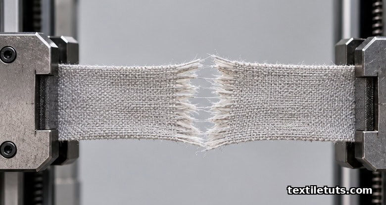 Universal testing machine pulling a woven fabric strip until it tears, showing tensile strength failure of cotton textile under load.