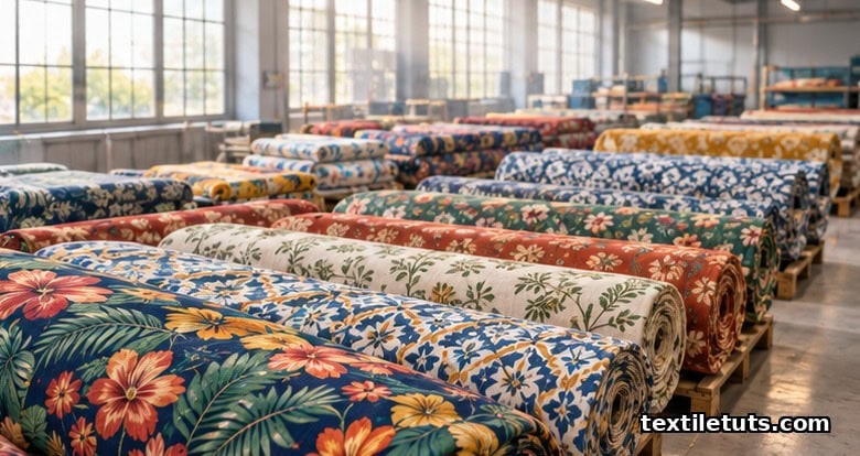 Overhead view of freshly printed cotton fabric bolts stacked in a textile printing mill, showing tropical florals and geometric patterns in indigo, ochre, and sage.
