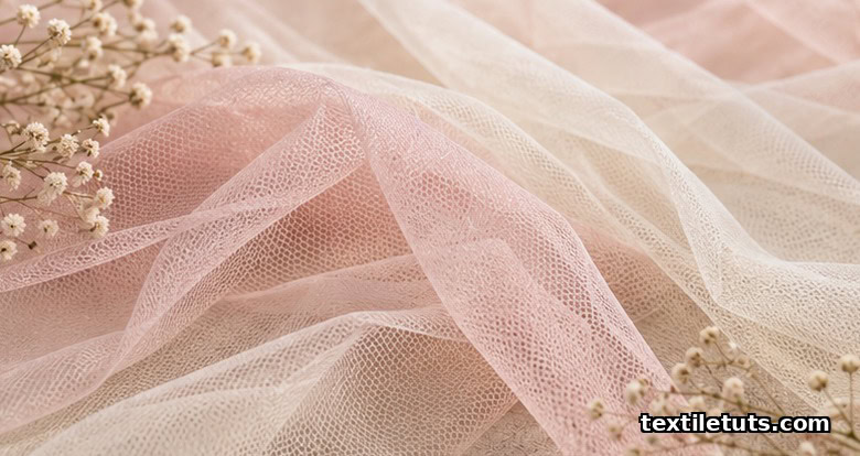 Layers of soft ivory and pale blush tulle netting draped loosely across a cream linen surface, showing the airy hexagonal mesh.