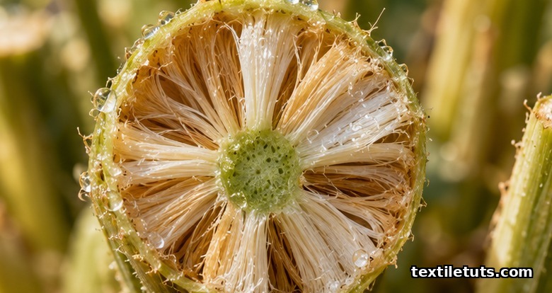 Macro cross-section of a flax stem revealing the layered cream bast fiber bundles inside.