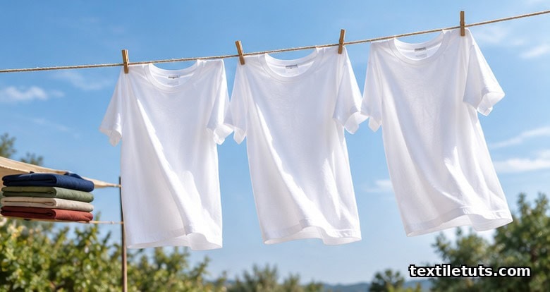 Crisp white cotton t-shirts airing on a clothesline in bright midday sunlight against a soft blue sky.
