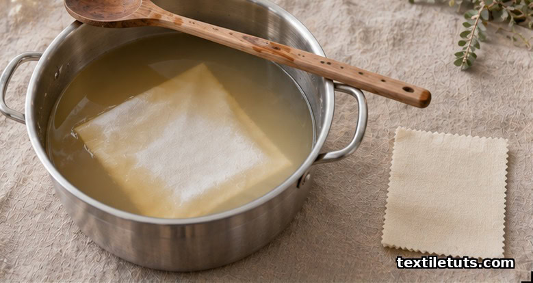 Pure white cotton submerged in a warm ivory dye bath inside a stainless steel pot with a wooden stirring spoon resting on the rim.