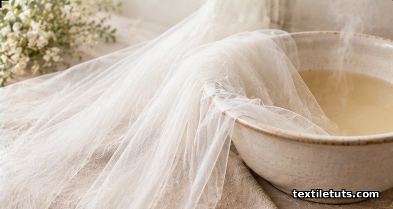 White tulle wedding veil draped beside a ceramic basin of warm ivory dye, beginning the color transformation process on a pale linen surface.