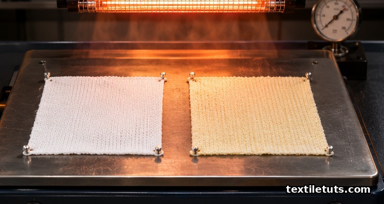 Two cotton swatches pinned on a heat-aging plate under an infrared lamp, peroxide-bleached swatch stays white while hypochlorite-bleached swatch yellows.