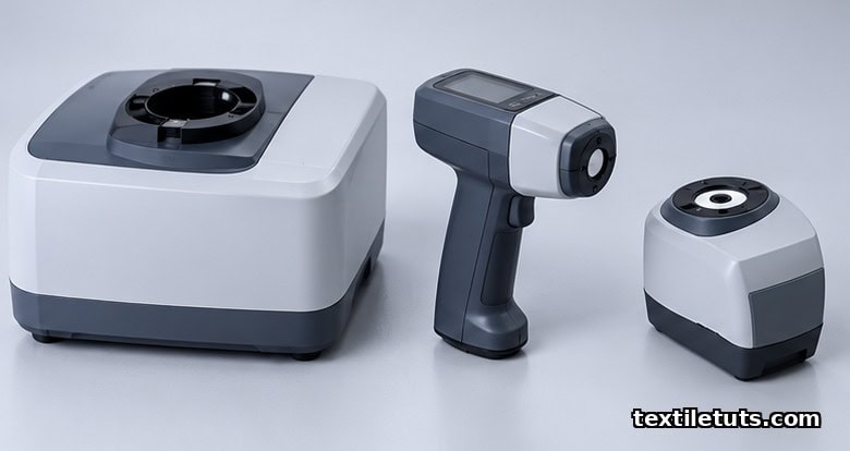 Three whiteness measurement instruments lined up on a lab bench: benchtop spectrophotometer and two colorimeters.