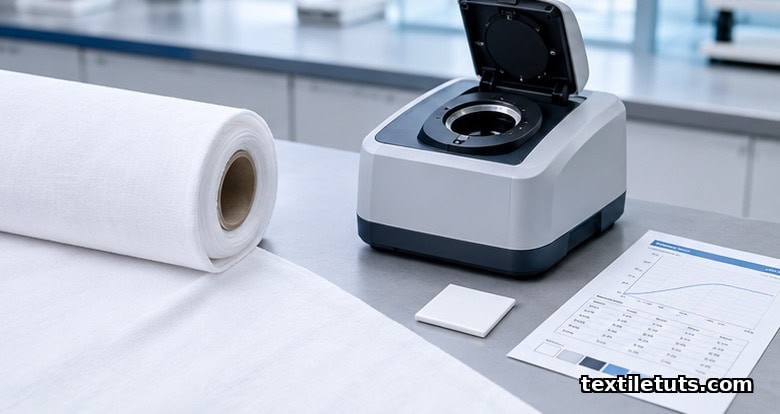 Bleached white cotton fabric on a lab bench beside a benchtop spectrophotometer for whiteness measurement.
