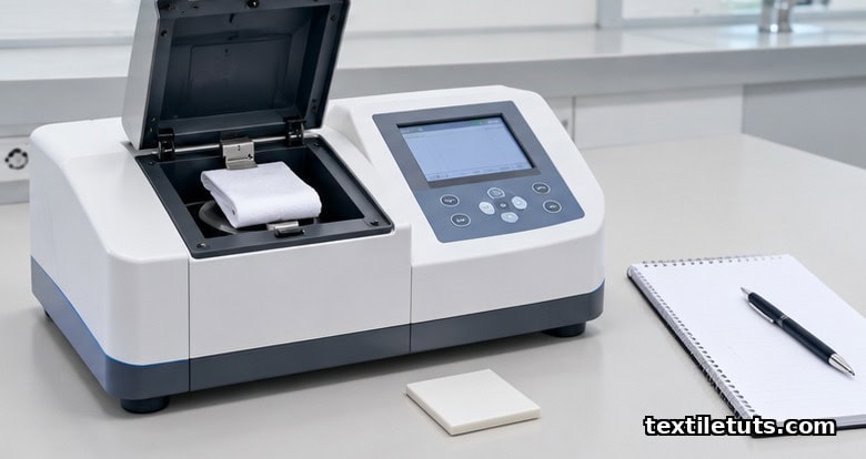 Benchtop spectrophotometer measuring a folded white fabric coupon for whiteness quality control in a lab.