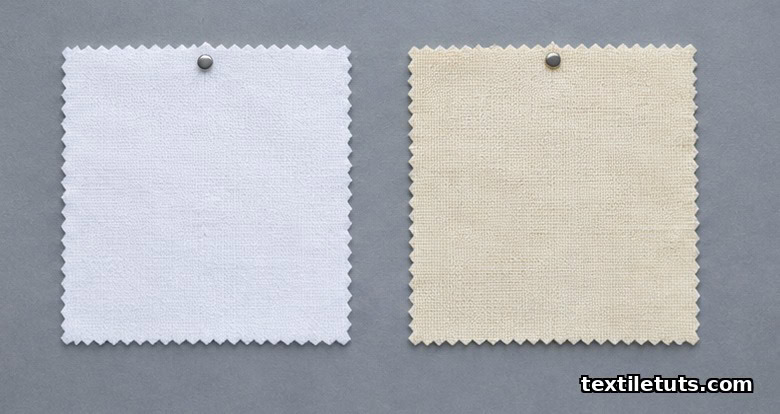 Side-by-side comparison of a bright white bleached cotton swatch and a yellowed fabric swatch on neutral gray.
