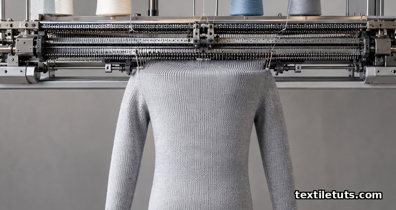 A fine-gauge pale-grey merino pullover taking shape as a seamless 3D tube on a four-needle-bed knitting machine.