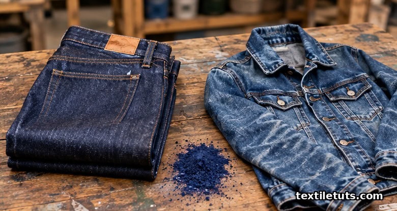Folded raw indigo denim jeans beside a softened washed denim jacket on a wooden workbench, showing the contrast before and after denim washing.