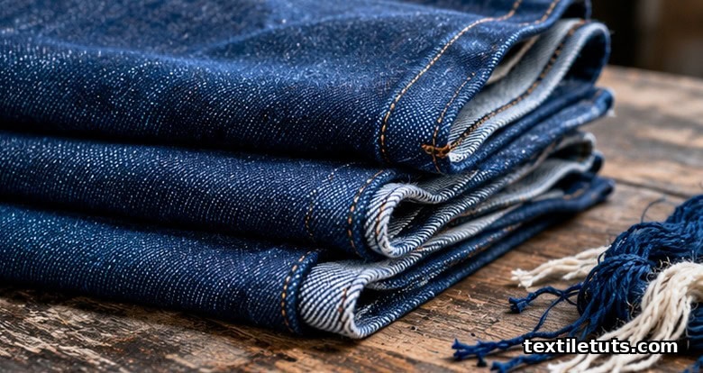 Folded raw denim jeans showing deep indigo twill weave on a wooden table.
