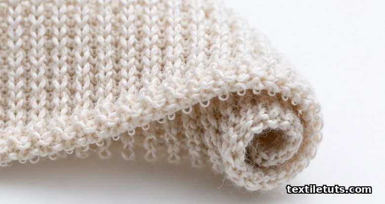 Close-up of jersey knit loops at a cut edge rolling inward, showing wales and courses geometry.