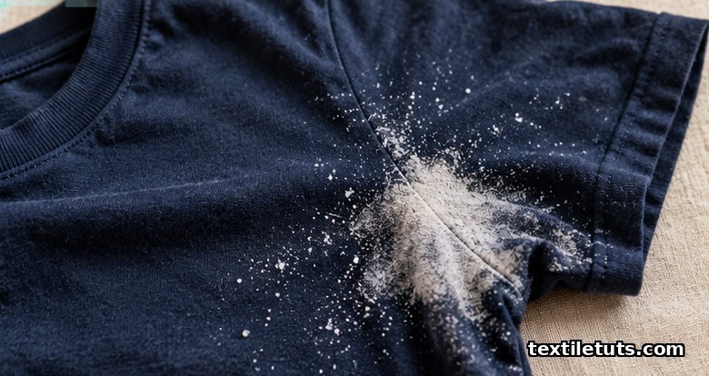 Close-up of dark navy t-shirt with a bleached white underarm patch showing how sweat strips dye from cotton fibers over time