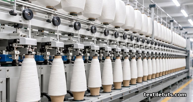 Automated cone winding machine in spinning mill with conical yarn packages on tapered tubes