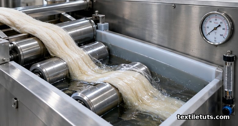 Stainless steel acid impregnation tank with wool sliver passing through nip rollers during the carbonizing process.