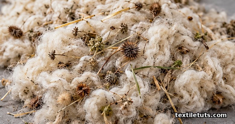 Raw Merino fleece with visible vegetable matter burrs, seed heads, and straw fragments on a slate surface, illustrating pre-carbonizing wool contamination.