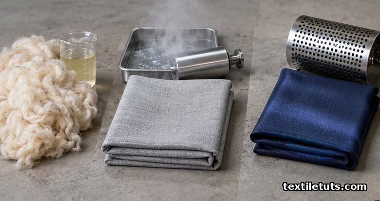 Three textile finishing stages side by side: raw wool tops with acid beaker, woven cloth on a steaming tray, and a dyed swatch with a perforated steam cylinder.