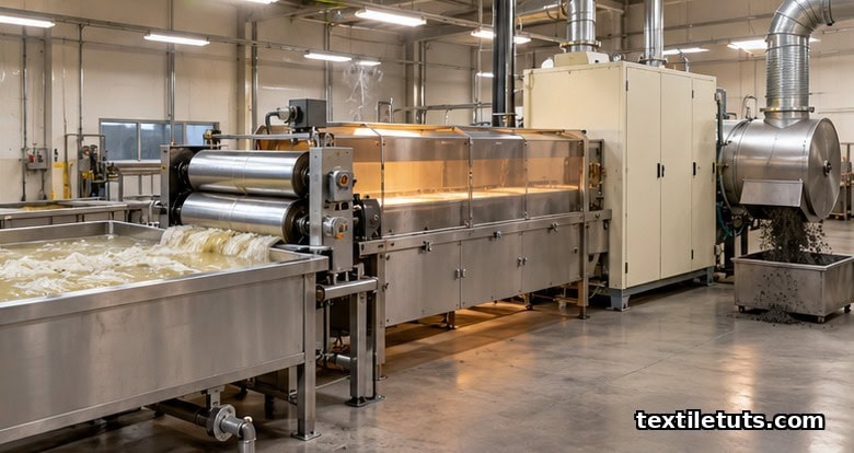 Industrial wool carbonizing line showing acid impregnation trough, squeeze rollers, hot dryer, baking chamber, and rotary beater for cellulose charring.