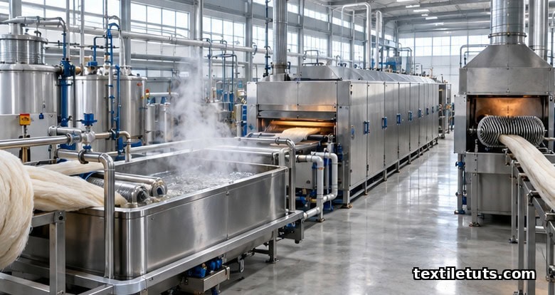 Industrial wool carbonizing line showing acid bath, baking tunnel, and crusher rollers in a modern textile mill.