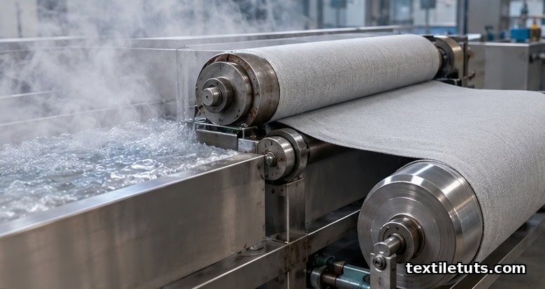 Woven wool fabric passing over a boiling water trough and heated rollers before being wound onto a chilled beam during the crabbing wet-setting process.