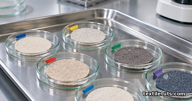 Laboratory tray with circular wool fabric specimen discs in glass petri dishes arranged for moth-resistance bioassay testing.