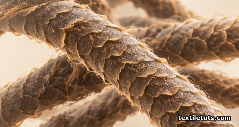 Magnified wool fibers showing overlapping cuticle scales catching warm side light, felting mechanism