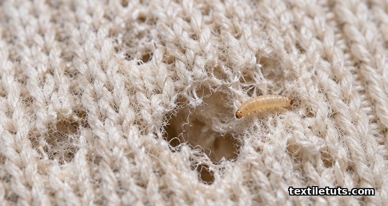 Close-up of an off-white wool knit garment showing ragged moth holes and a tiny larvae at the edge of a damaged spot.