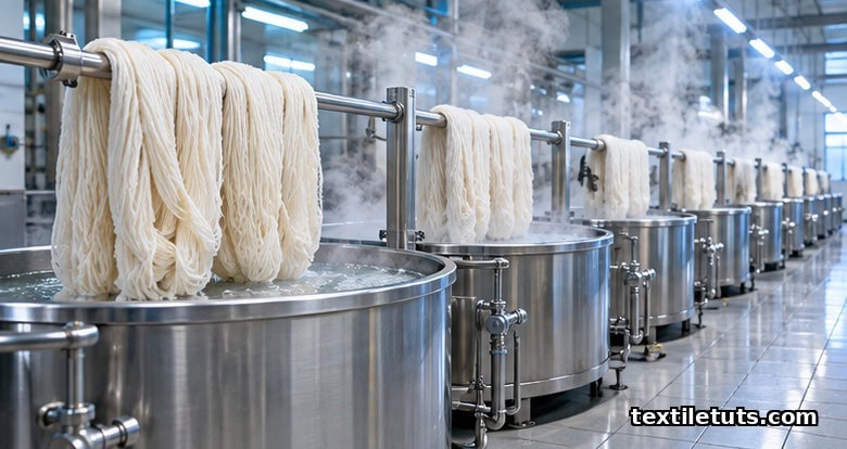 Industrial wool wet-processing mill with stainless steel dye vats, suspended yarn skeins, and rising steam under cool lighting.